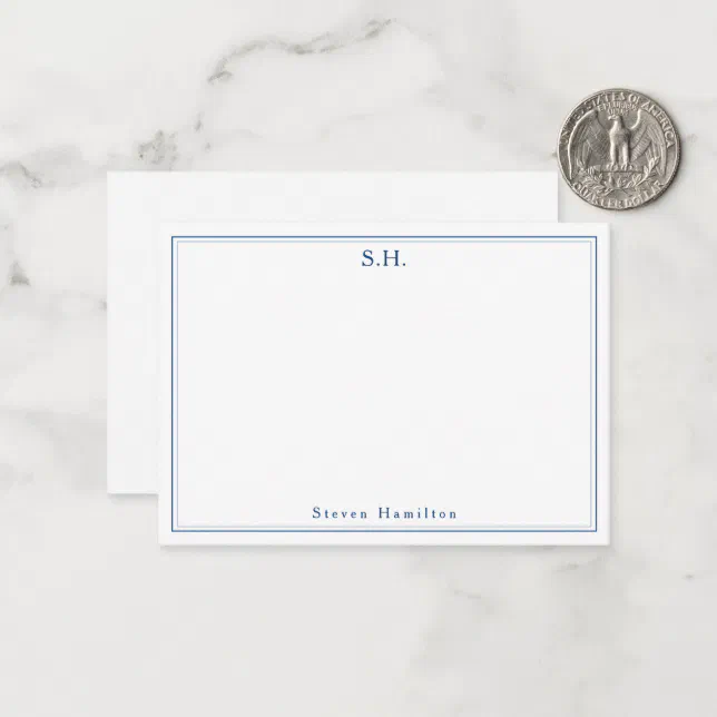 Simple Navy Blue 2 Monogram Name Minimal Border Note Card | Zazzle