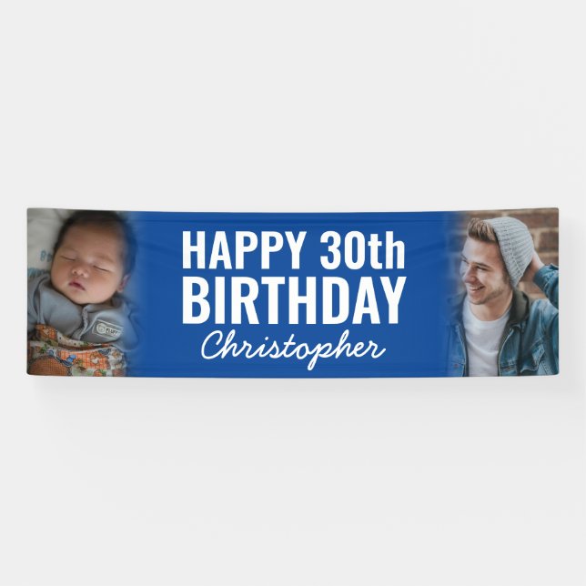 Simple Navy Blue 2 Photo Happy Birthday Party Banner (Horizontal)