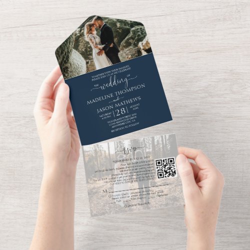 Simple Navy Blue 2 Photo QR Code RSVP Wedding All In One Invitation