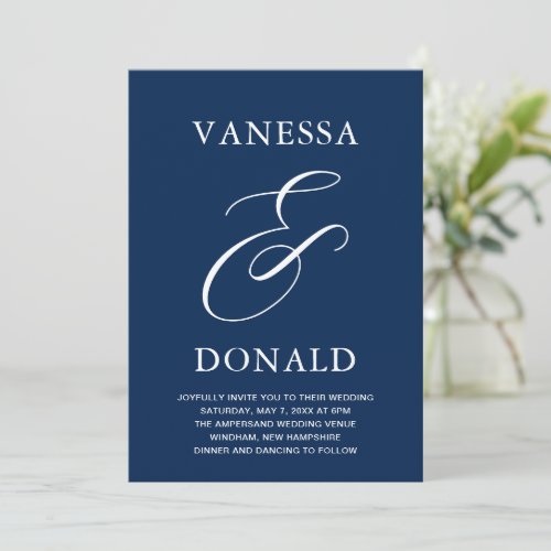 Simple Navy Blue Ampersand Minimal Modern Wedding Invitation