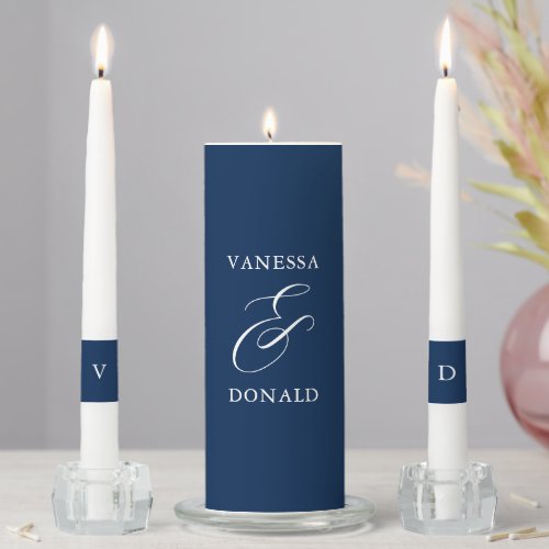 Simple Navy Blue Ampersand Minimal Modern Wedding Unity Candle Set