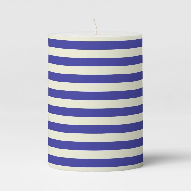 Simple Navy Blue and Beige Stripes Pattern Pillar Candle (Front)