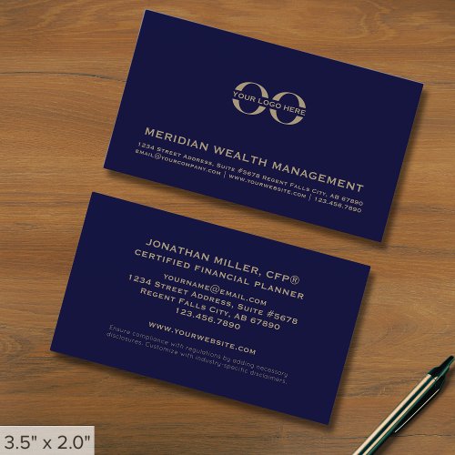 Simple Navy Blue and Gold Logo Business Card