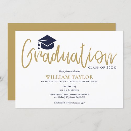 Simple Navy Blue And Gold Script Graduation Party Invitation