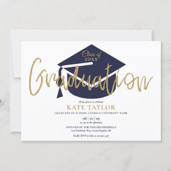 Simple Navy Blue And Gold Script Graduation Party Invitation | Zazzle