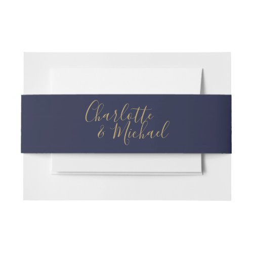 Simple Navy Blue And Gold Signature Script Invitation Belly Band