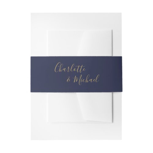 Simple Navy Blue And Gold Signature Script Invitation Belly Band