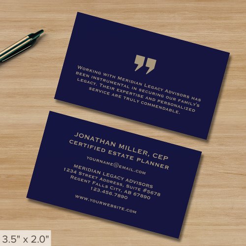 Simple Navy Blue and Gold with Testimonial Business Card