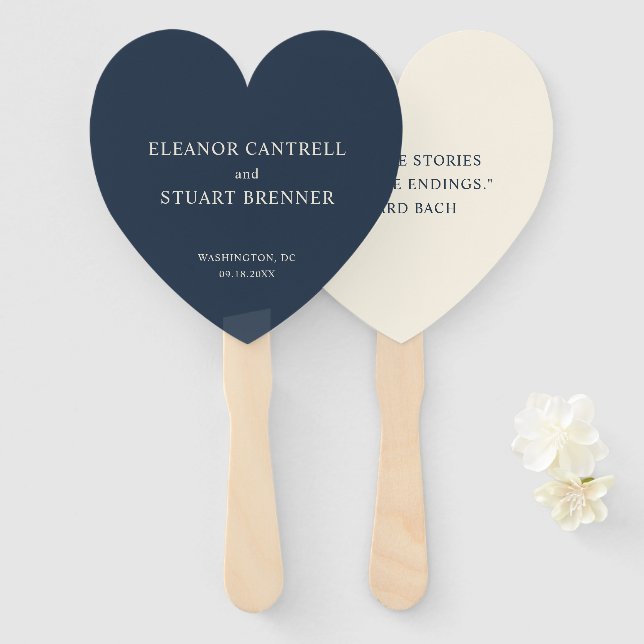 Simple Navy Blue and Ivory Quote Wedding Hand Fan (Front and Back)