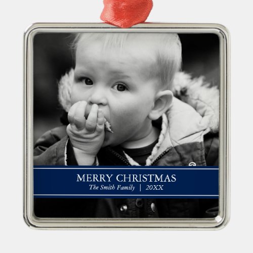 Simple Navy Blue and White Custom Photo Christmas Metal Ornament