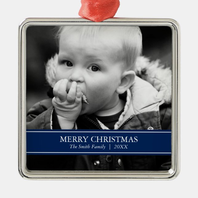 Simple Navy Blue and White Custom Photo Christmas Metal Ornament (Front)