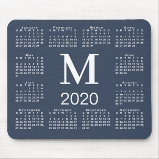 Simple Navy Blue and White Monogram 2020 Calendar Mouse Pad