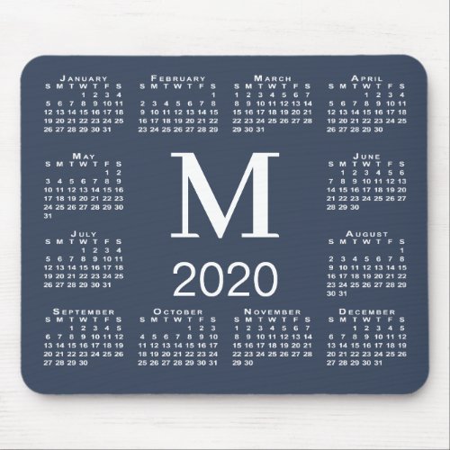 Simple Navy Blue and White Monogram 2020 Calendar Mouse Pad