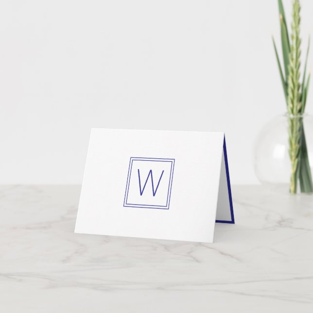 Simple Navy Blue and White Monogram Note Card (Front)