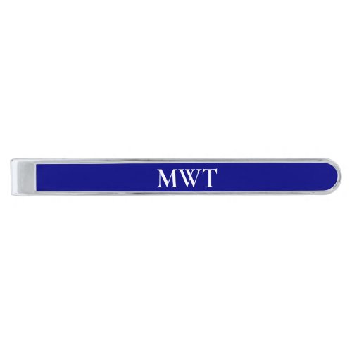 Simple Navy Blue and White Monogram Silver Finish Tie Bar