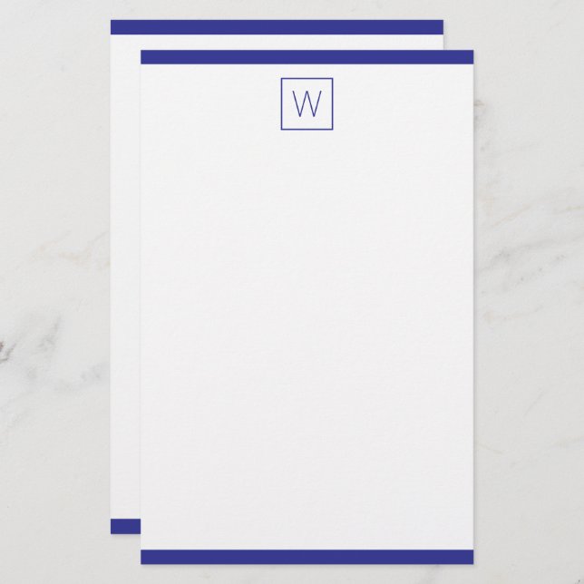Simple Navy Blue and White Monogram Stationery (Front/Back)