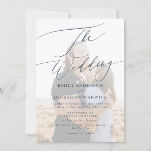 Simple Navy Blue and white photo overlay wedding Invitation