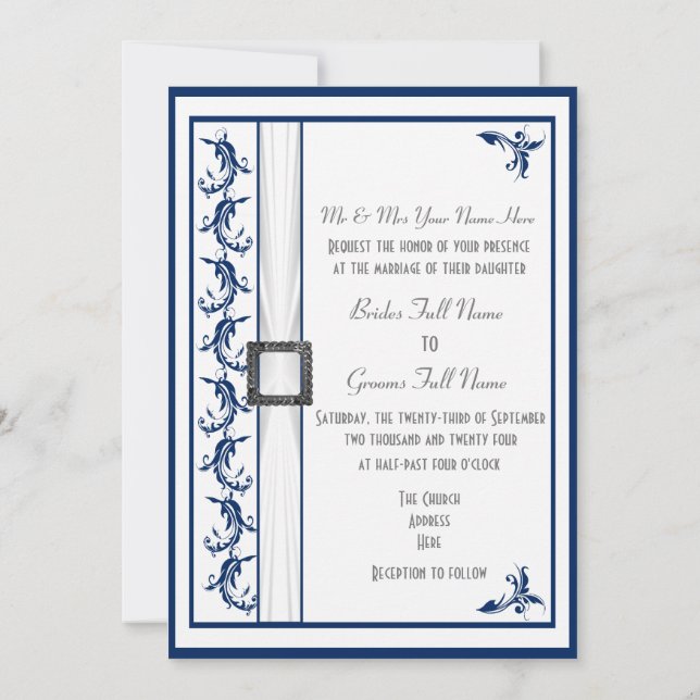 Simple navy blue and white traditional wedding invitation (Back)