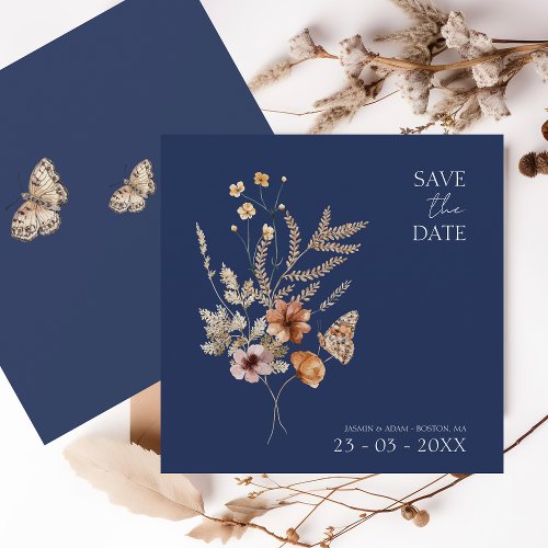 Simple Navy Blue Autumn Fall Wildflowers Wedding Save The Date