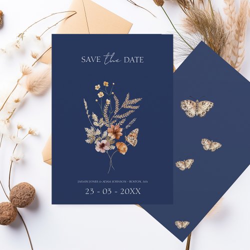Simple Navy Blue Autumn Fall Wildflowers Wedding Save The Date