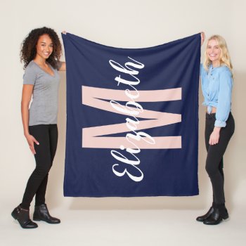 Simple Navy Blue Blush Pink Hand Script Monogram Fleece Blanket by SimpleMonograms at Zazzle