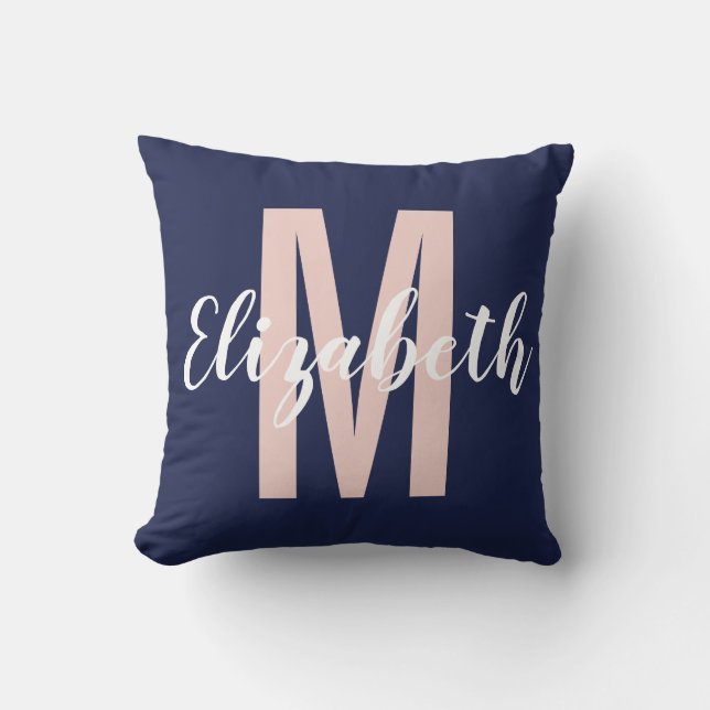 Simple Navy Blue Blush Pink Hand Script Monogram Throw Pillow (Front)