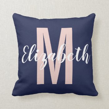 Simple Navy Blue Blush Pink Hand Script Monogram Throw Pillow by SimpleMonograms at Zazzle