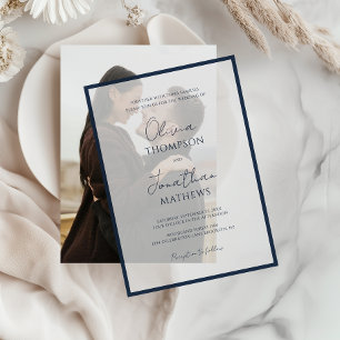 Simple Navy Blue Border Script Overlay Wedding Vellum Invitations
