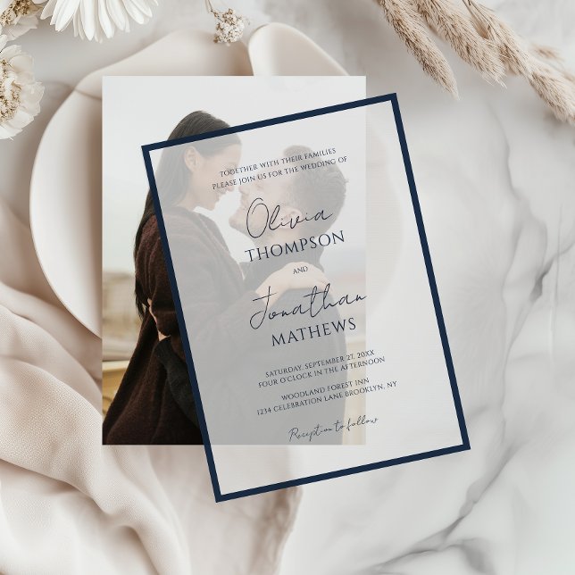 Simple Navy Blue Border Script Overlay Wedding Vellum Invitations (Creator Uploaded)