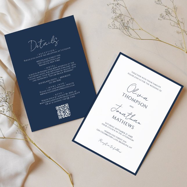 Simple Navy Blue Border Script QR Code Wedding Invitation (Creator Uploaded)