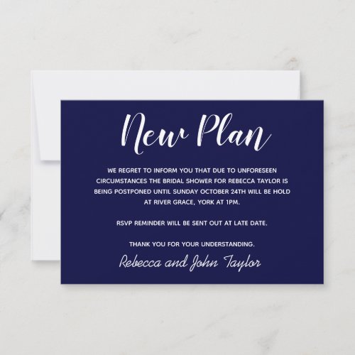 Simple Navy Blue Bridal Shower Postponement Card