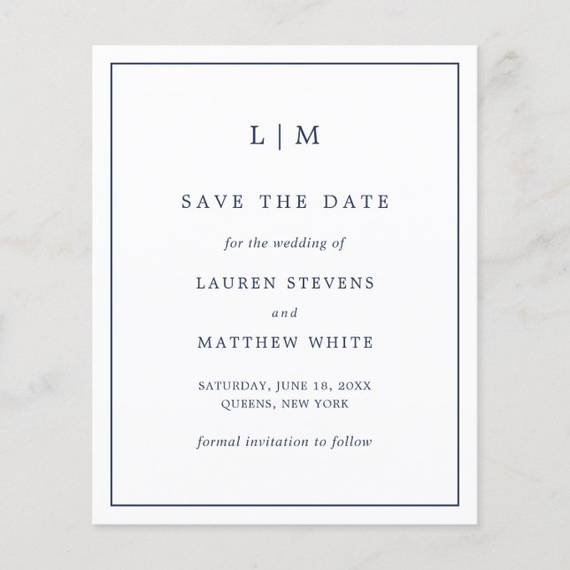 Simple Navy Blue Budget Wedding Save the Date (Front)