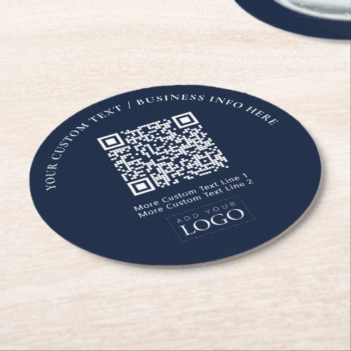 Simple Navy Blue Business Logo QR Code Promotional Round Paper Coaster