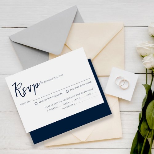 Simple Navy Blue Calligraphy Meal Choice Wedding RSVP Card