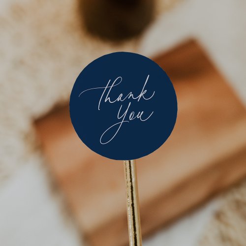 Simple Navy Blue Calligraphy Script Thank You Classic Round Sticker