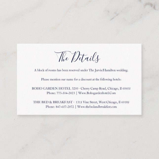 Simple Navy Blue Calligraphy Wedding Details Enclosure Card (Front)