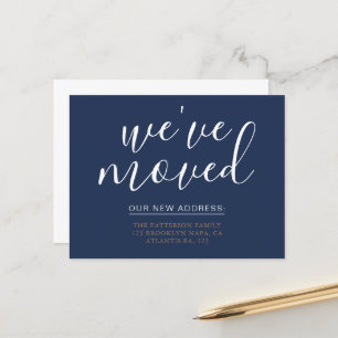 Simple Navy Blue Calligraphy We've Moved House Announcement Postcard