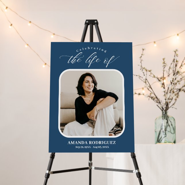 Simple Navy Blue Celebration of Life Photo  Foam Board (In Situ (Stand))