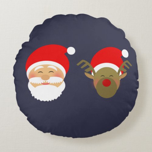 Simple Navy Blue Christmas Santa  Reindeer Round Pillow
