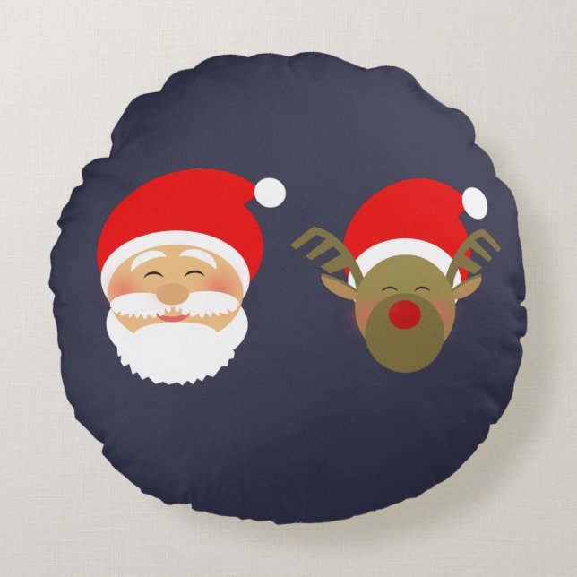 Simple Navy Blue Christmas Santa & Reindeer Round Pillow (Front)