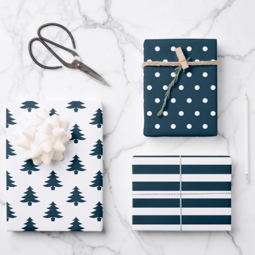 Simple Navy Blue Christmas Trees Mixed Wrapping Paper Sheets