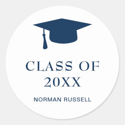 Simple Navy Blue Class Of Year Guy Graduation Cap Classic Round Sticker