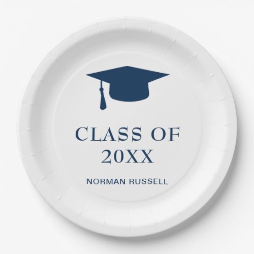 Simple Navy Blue Class Of Year Guy Graduation Cap Paper Plates