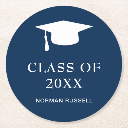 Simple Navy Blue Class Of Year Guy Graduation Cap Round Paper Coaster