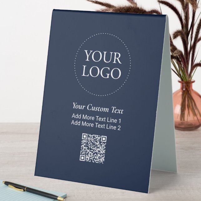 Simple Navy Blue Custom Business Logo QR Code Table Tent (In SItu (Table))