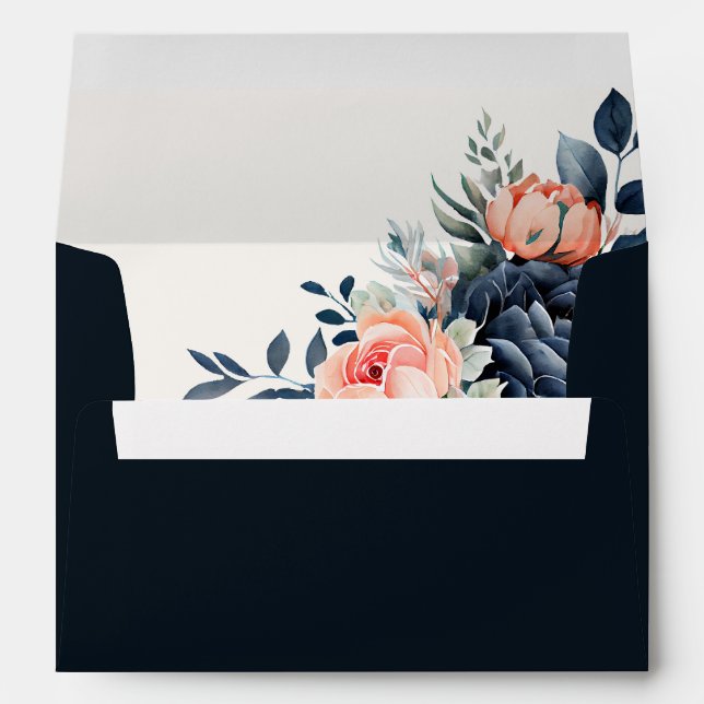 Simple Navy Blue Dusty Rose  Floral Wedding  Envelope (Back (Bottom))