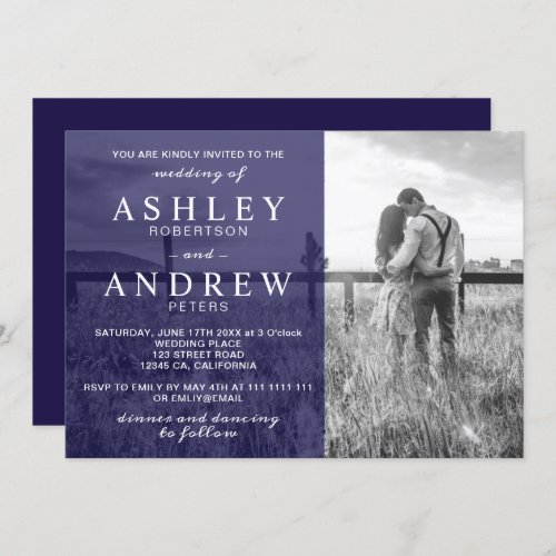 Simple navy blue elegant modern photo wedding invitation