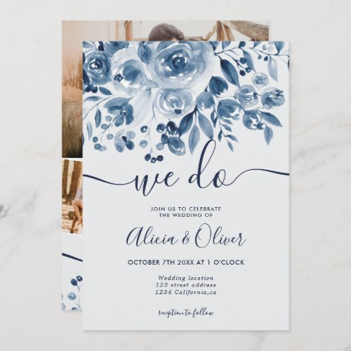 Simple navy blue floral photo initials wedding invitation