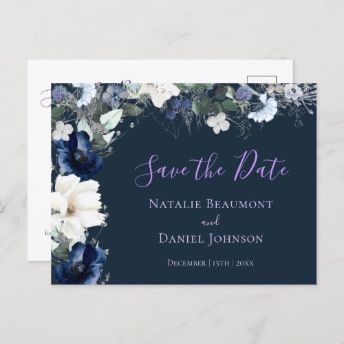 Simple Navy Blue Floral Save the Date Invitation Postcard