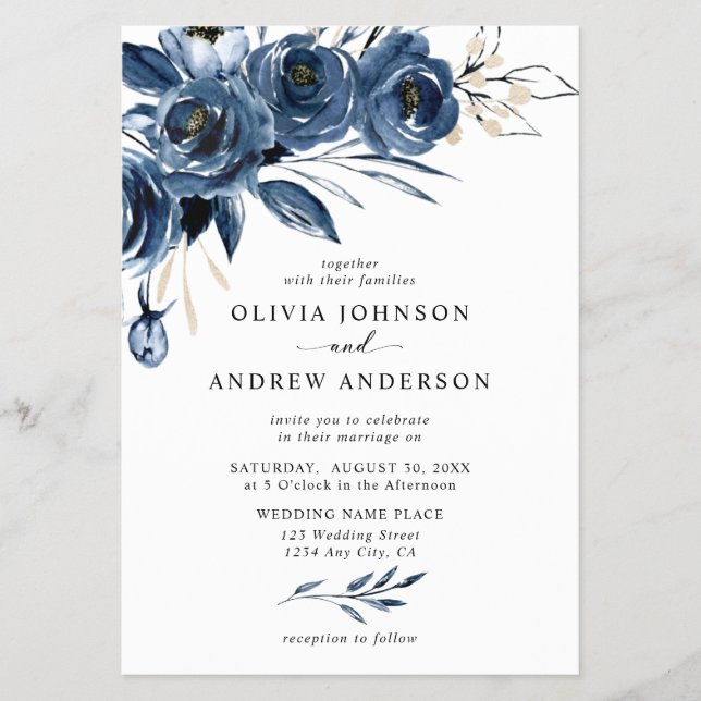 Simple Navy Blue Flowers QR Code & Photo Wedding Flyer (Front)